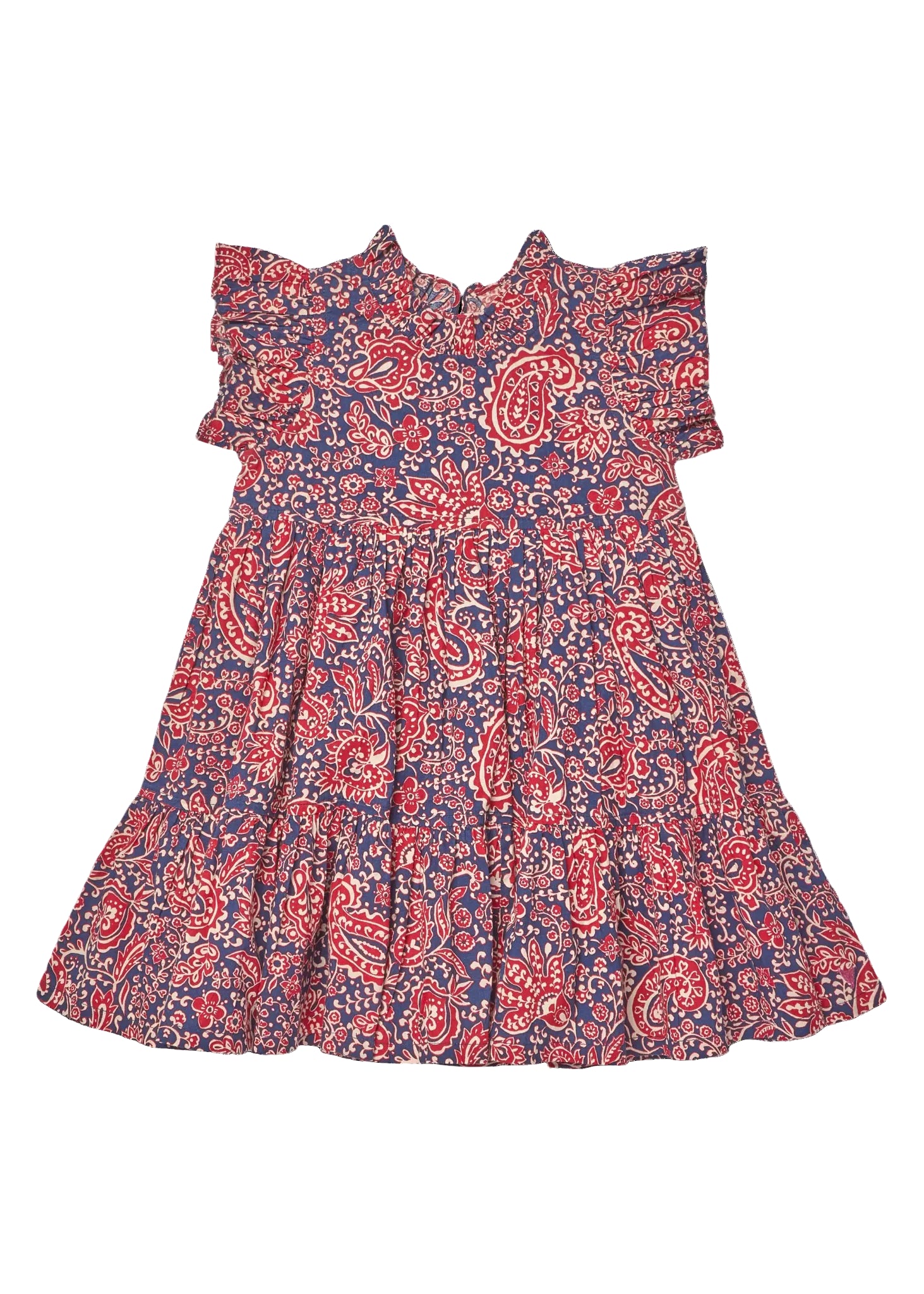 A girls' ruffled dress with a red and navy blue paisley pattern, shown flat against a white background.