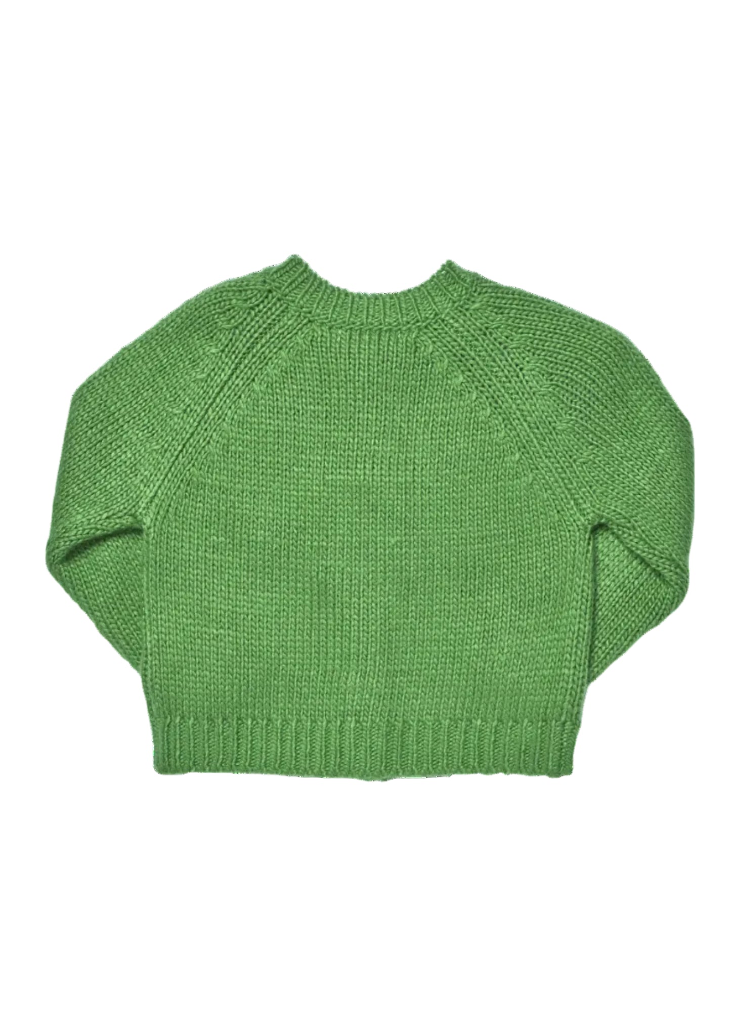 A bright green knit sweater with raglan sleeves and a ribbed crew neck, cuffs, and hem, shown flat against a white background.