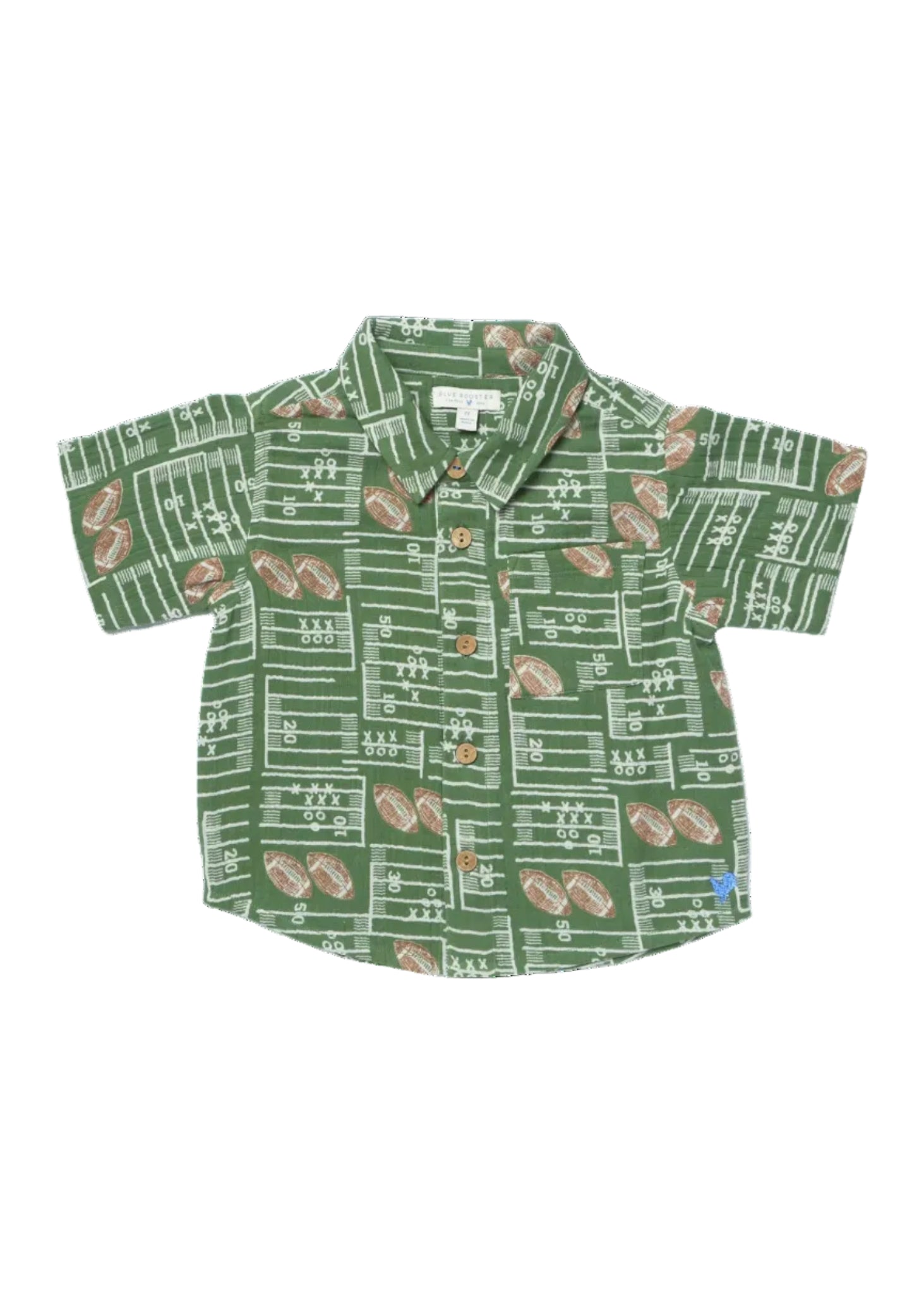 A short-sleeve button-up shirt for kids, featuring an all-over football field and football pattern in green, white, and brown, laid flat against a white background.