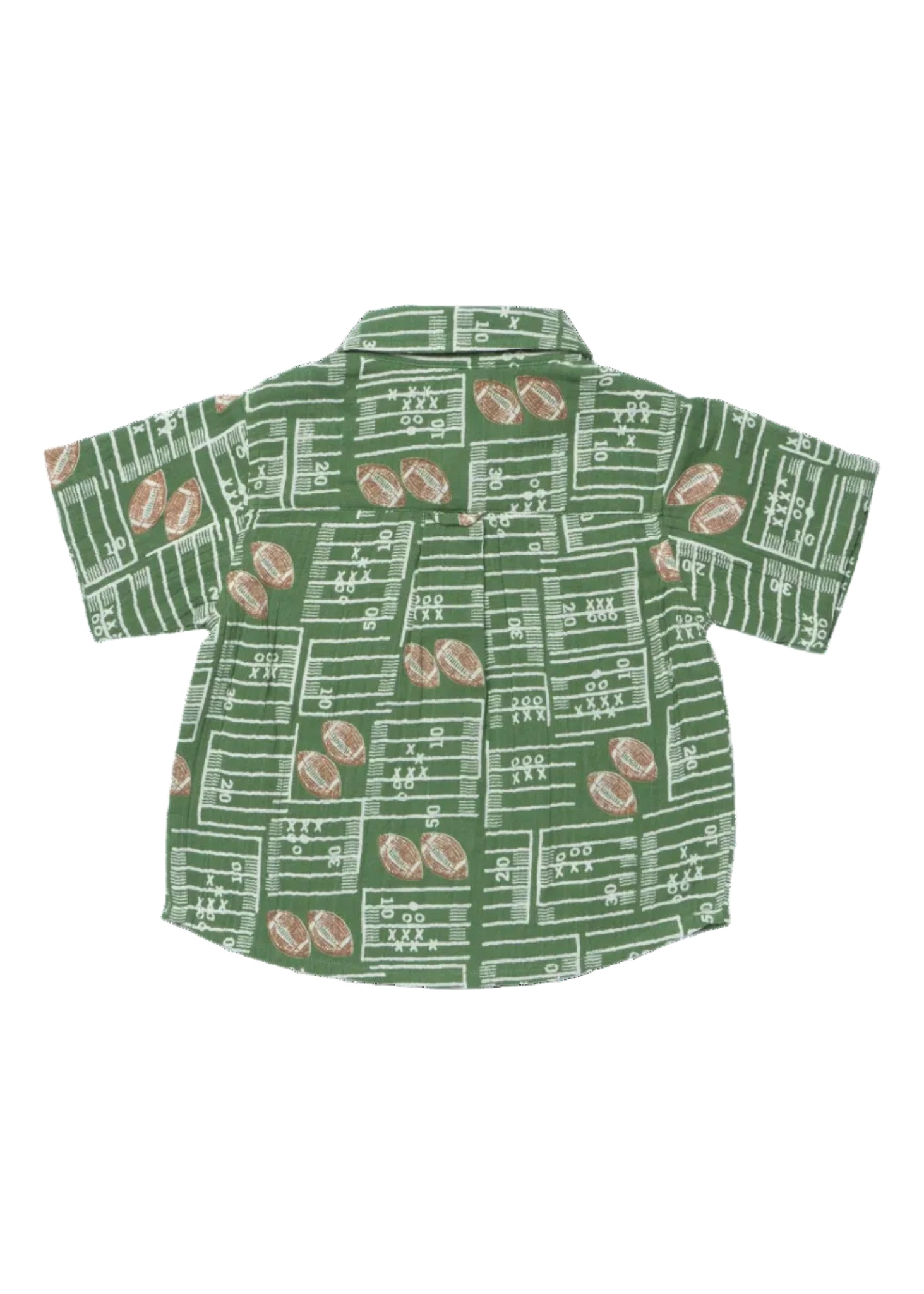A short-sleeve button-up shirt with a green and white football field pattern, featuring brown and white footballs printed throughout.