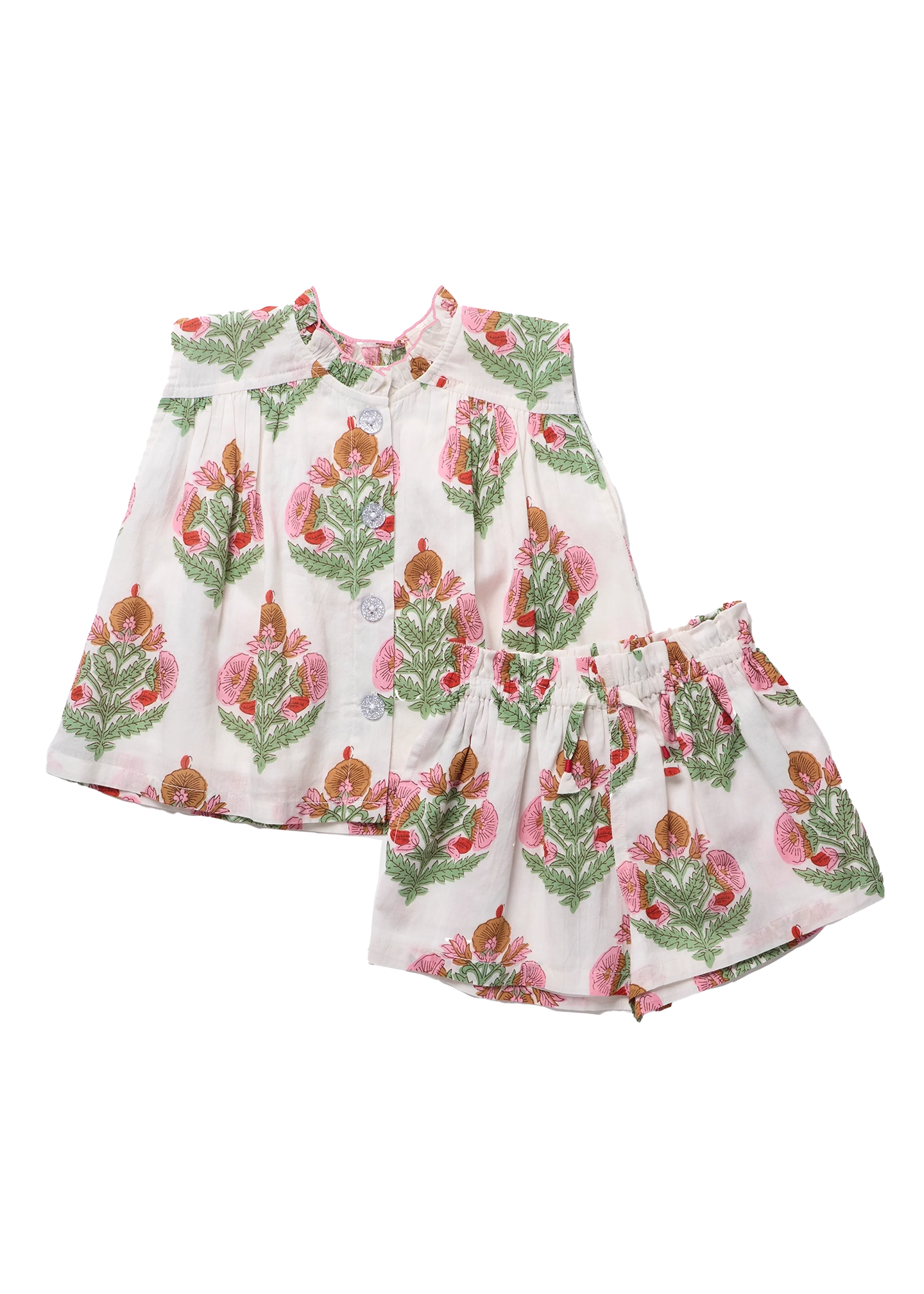 Floral patterned shorts on a white background