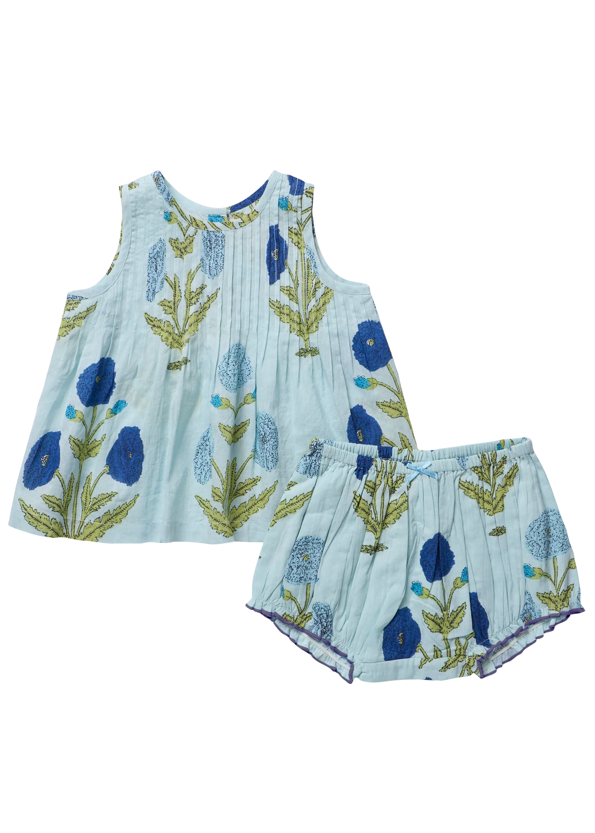 Children's sleeveless top and shorts set with floral pattern on a white background