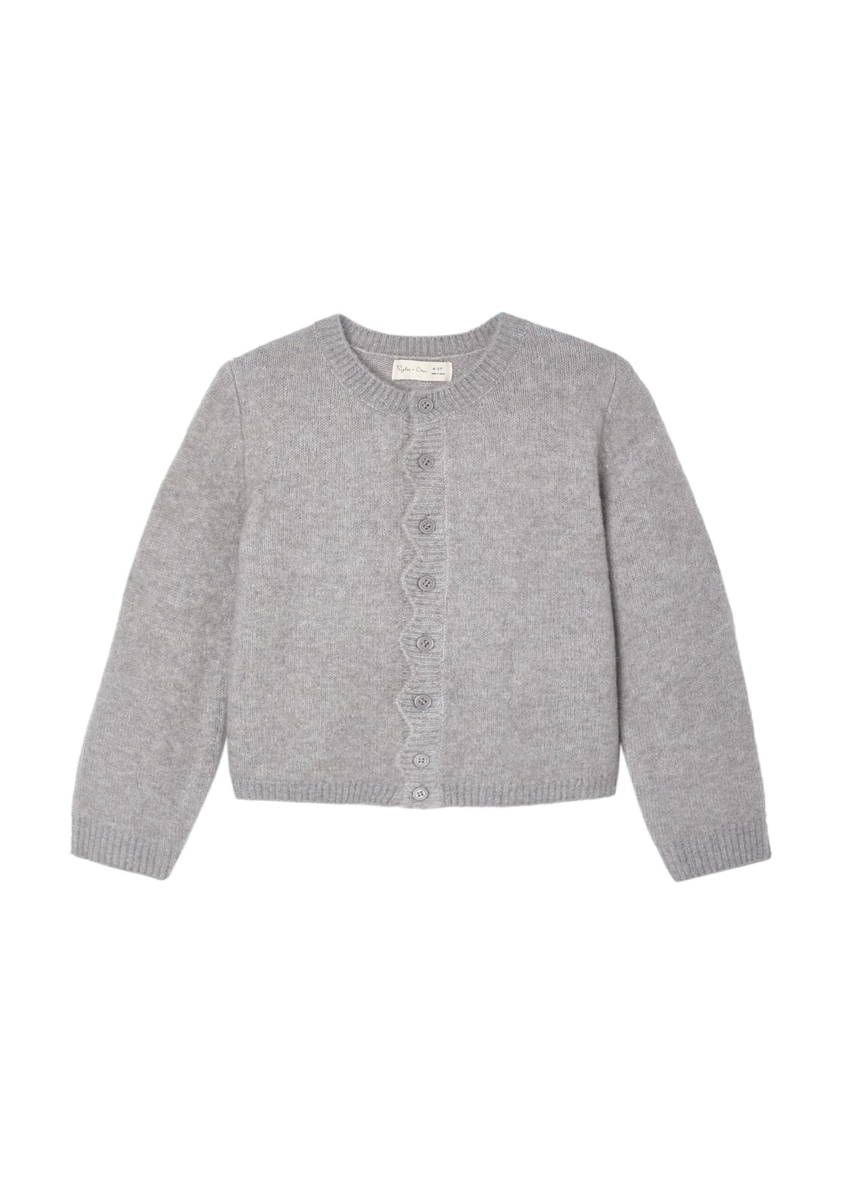 A light gray knit cardigan sweater with a button-up front, displayed flat against a solid white background.