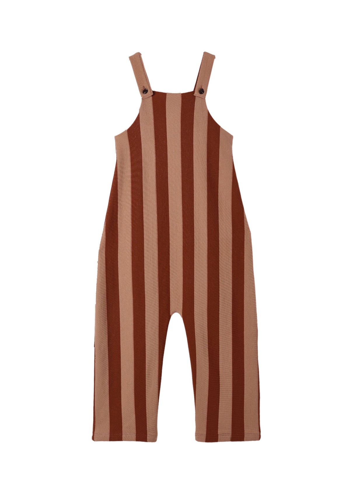 A baby or toddler sleeveless one-piece jumpsuit with vertical brown and beige stripes, featuring adjustable shoulder straps with metal snap buttons, shown against a plain white background.