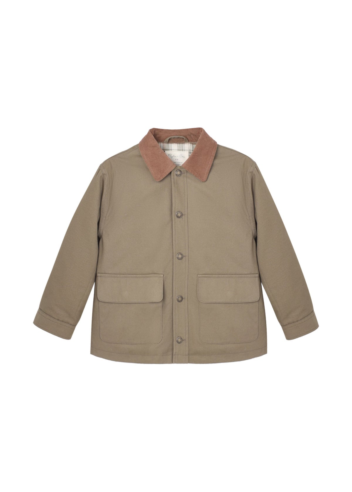 A beige utility jacket with a brown corduroy collar, featuring a button-up front and two large front flap pockets, displayed on a clean white background.