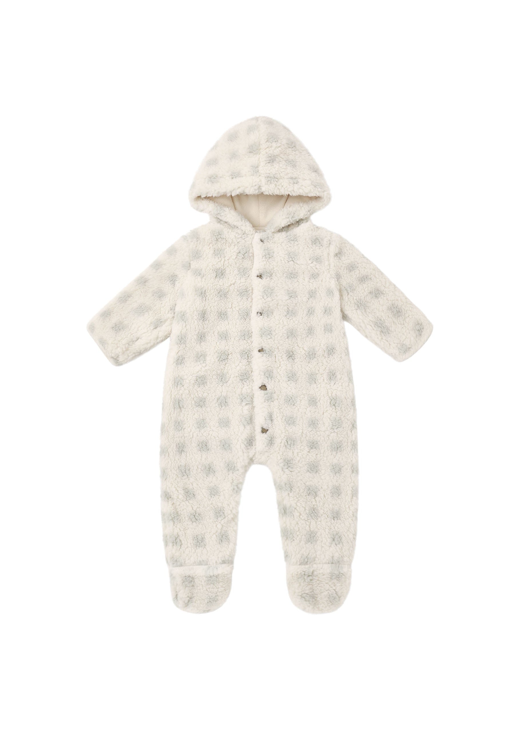 A baby's hooded footless one-piece romper in a soft, textured cream fleece fabric with a subtle gray geometric pattern, shown against a plain white background.