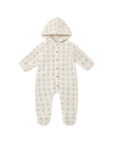 A baby's hooded footless one-piece romper in a soft, textured cream fleece fabric with a subtle gray geometric pattern, shown against a plain white background.