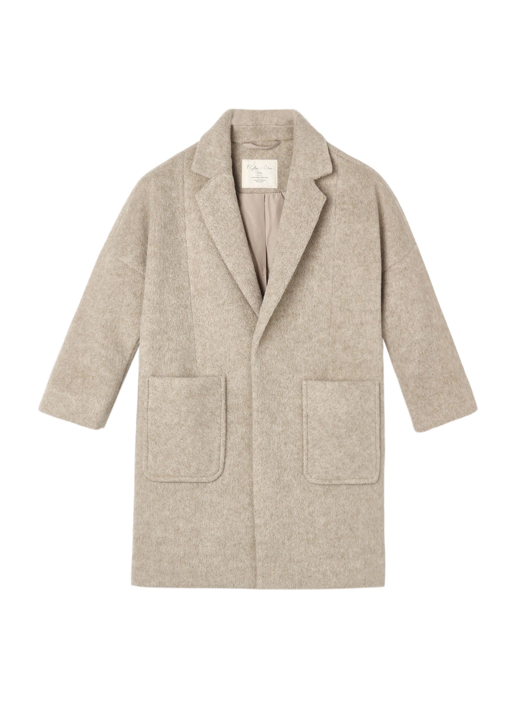 A light beige wool-blend coat with notch lapels, three-quarter sleeves, and two large front patch pockets, shown flat against a white background.