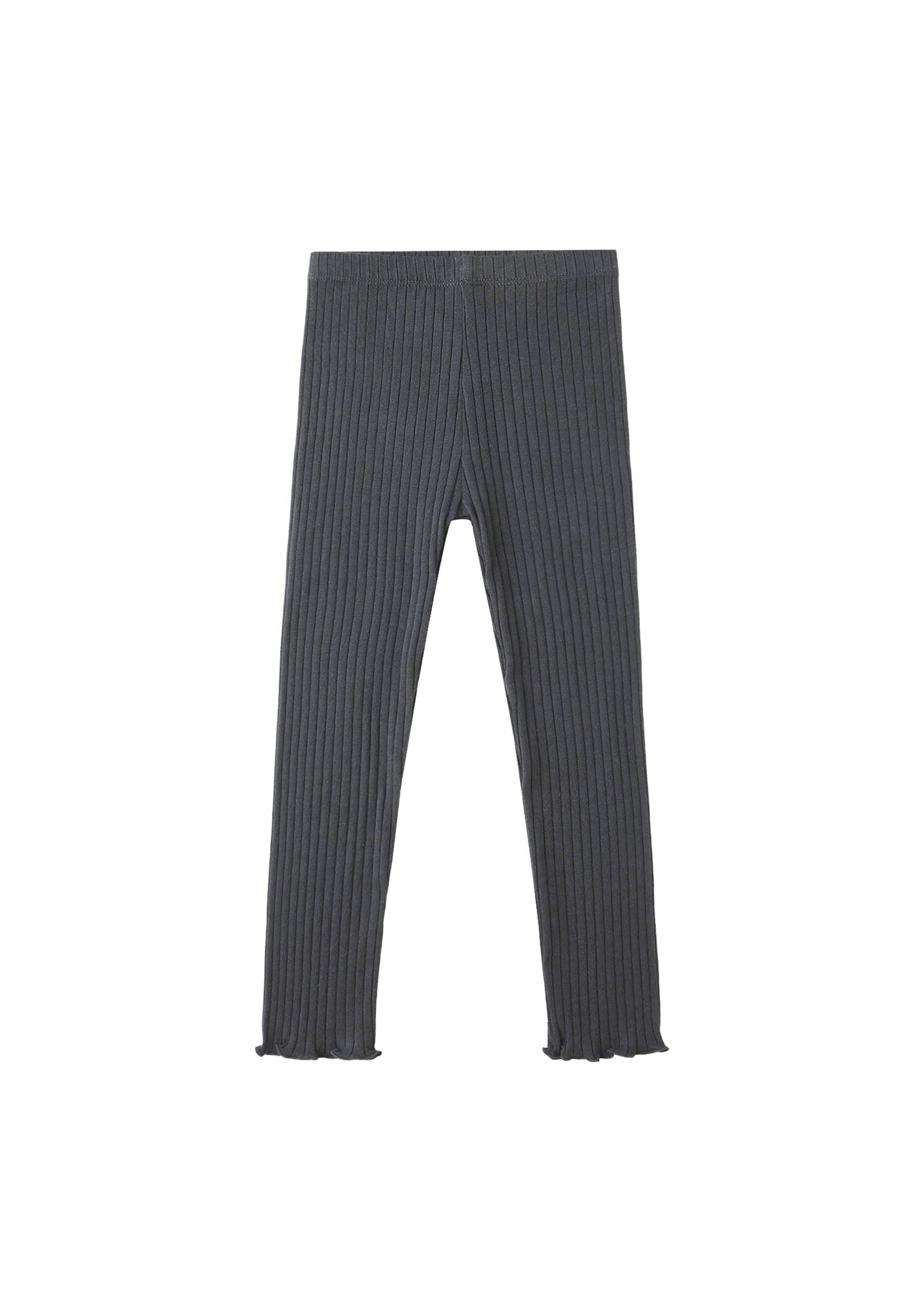 A pair of dark gray ribbed knit leggings with raw, frayed hems, displayed flat against a solid white background.