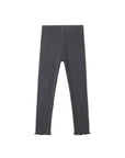 A pair of dark gray ribbed knit leggings with raw, frayed hems, displayed flat against a solid white background.