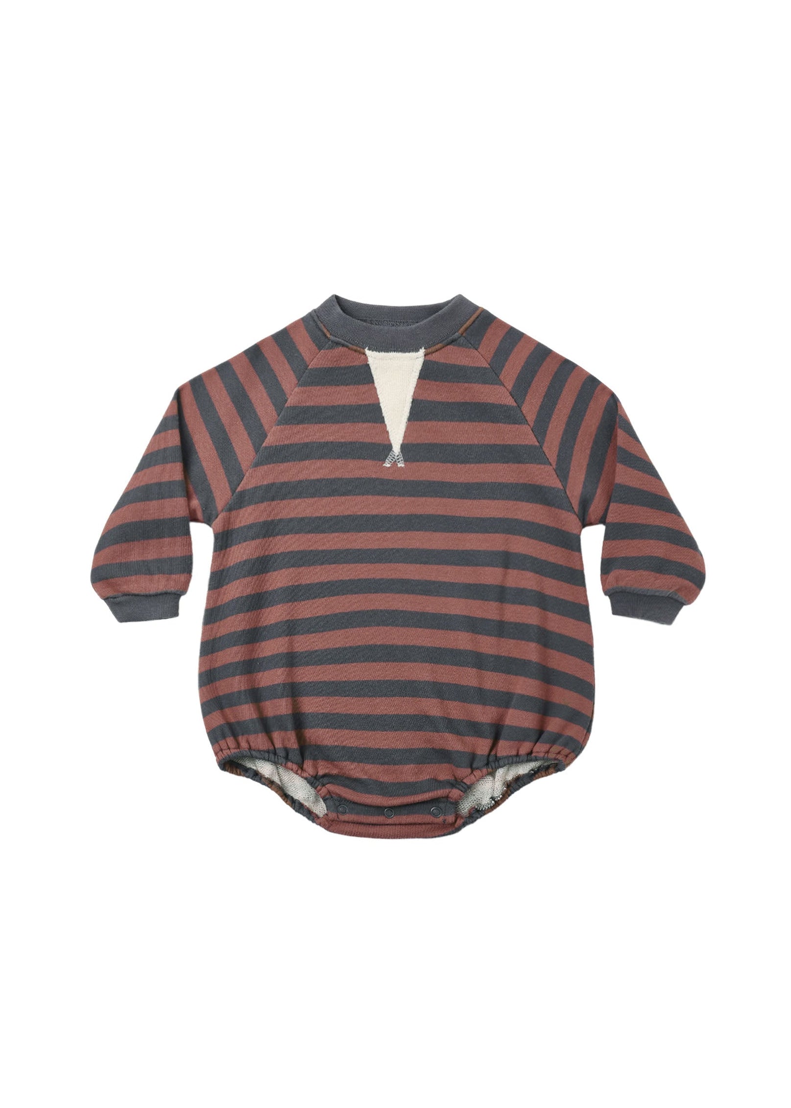 A baby long-sleeve romper with horizontal stripes in dusty rose and dark gray, featuring a split V-neckline with a small white tab detail.