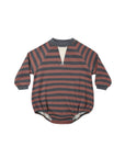 A baby long-sleeve romper with horizontal stripes in dusty rose and dark gray, featuring a split V-neckline with a small white tab detail.