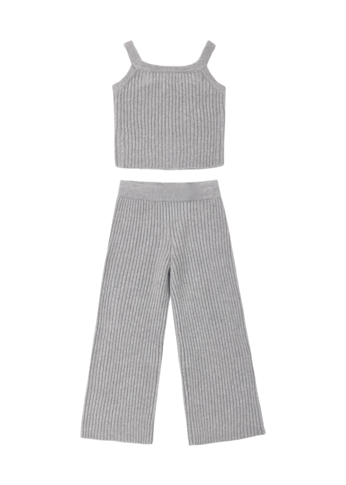 A two-piece children's outfit set featuring a gray ribbed knit tank top and matching wide-leg pants, displayed flat against a solid white background.