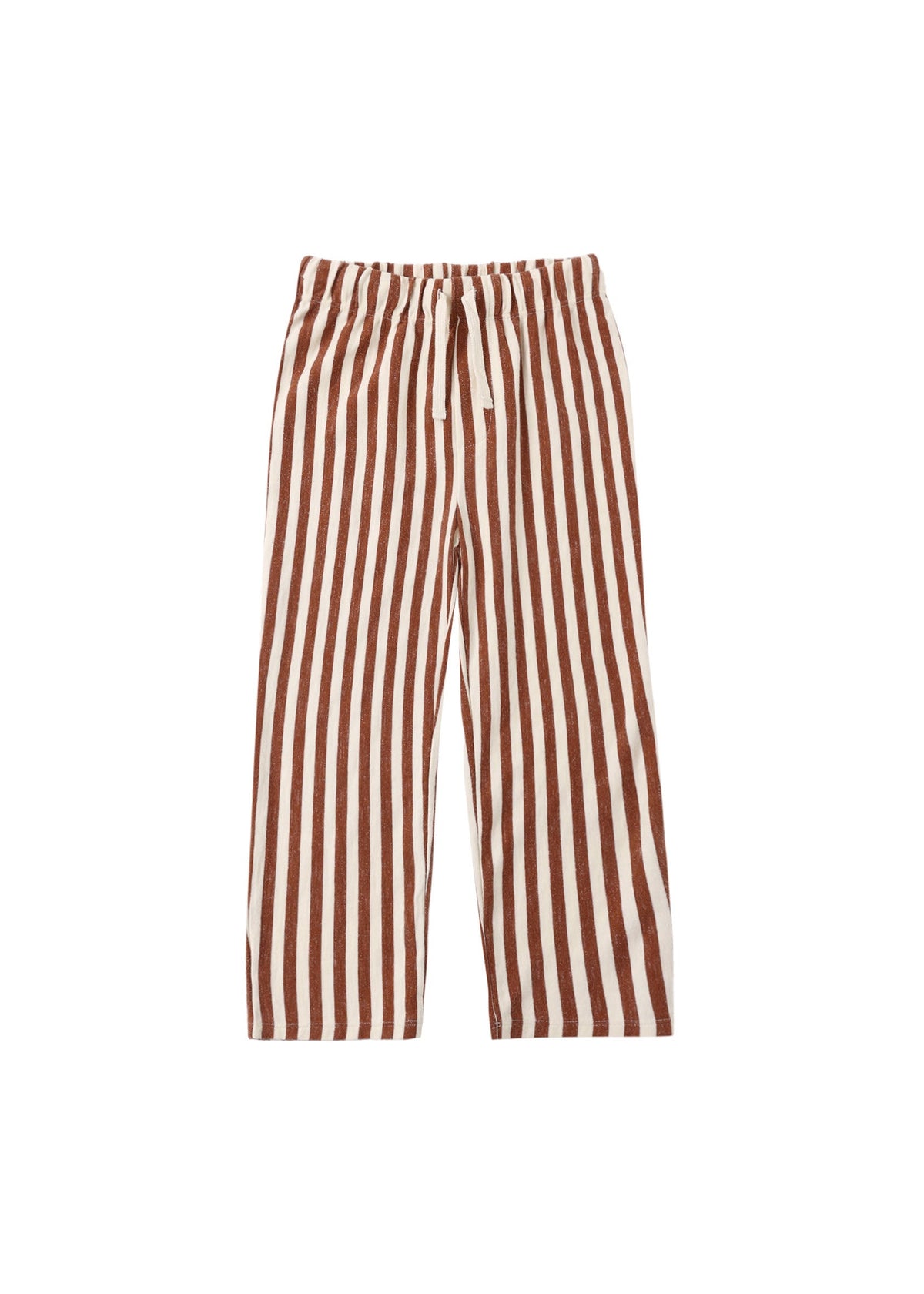 Vertical brown and cream stripes on cropped pants with an elastic waistband and white drawstring, shown flat against a white background.