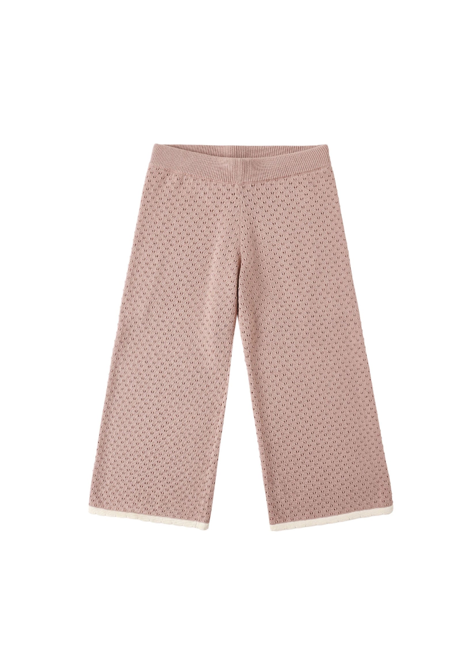A pair of wide-leg cropped pants in a dusty rose pink color, featuring a small repeating geometric pattern and contrasting cream-colored trim at the hems, shown against a plain white background.