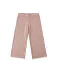 A pair of wide-leg cropped pants in a dusty rose pink color, featuring a small repeating geometric pattern and contrasting cream-colored trim at the hems, shown against a plain white background.