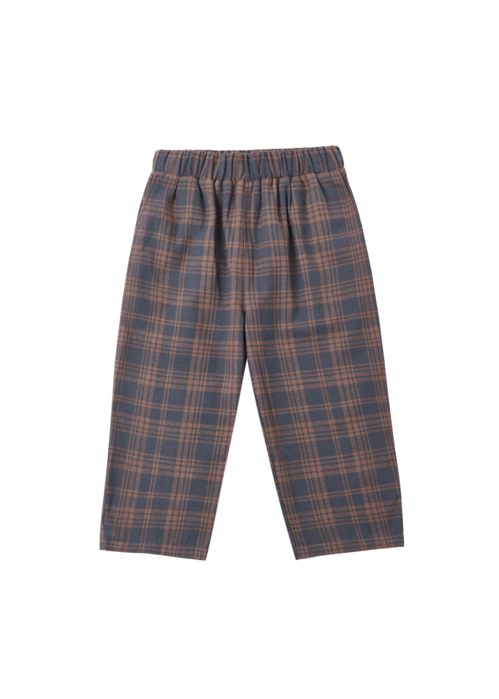 A pair of children's plaid trousers in a muted blue-gray and rust-orange tartan pattern, featuring an elastic waistband, shown against a plain white background.