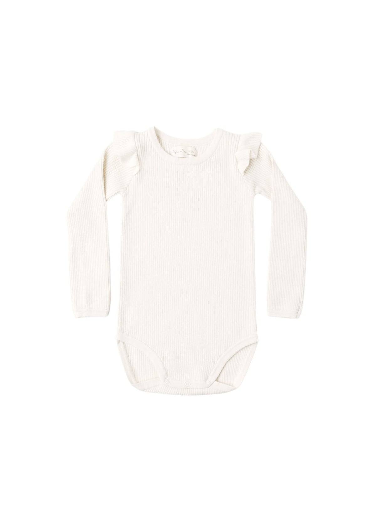 An off-white long-sleeve baby bodysuit with shoulder ruffles, laid flat against a solid white background.
