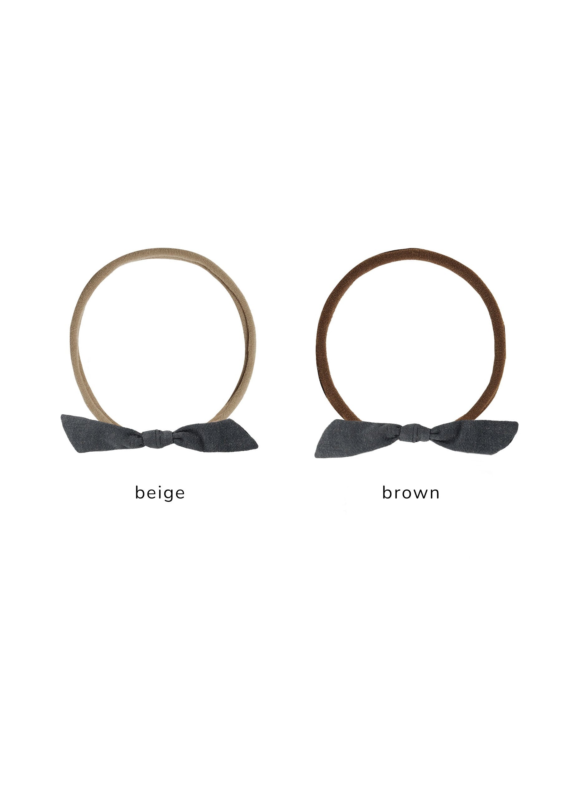 Two fabric hair ties on a white background, one in beige and one in brown, each with a dark gray bow at the bottom and text labels underneath.
