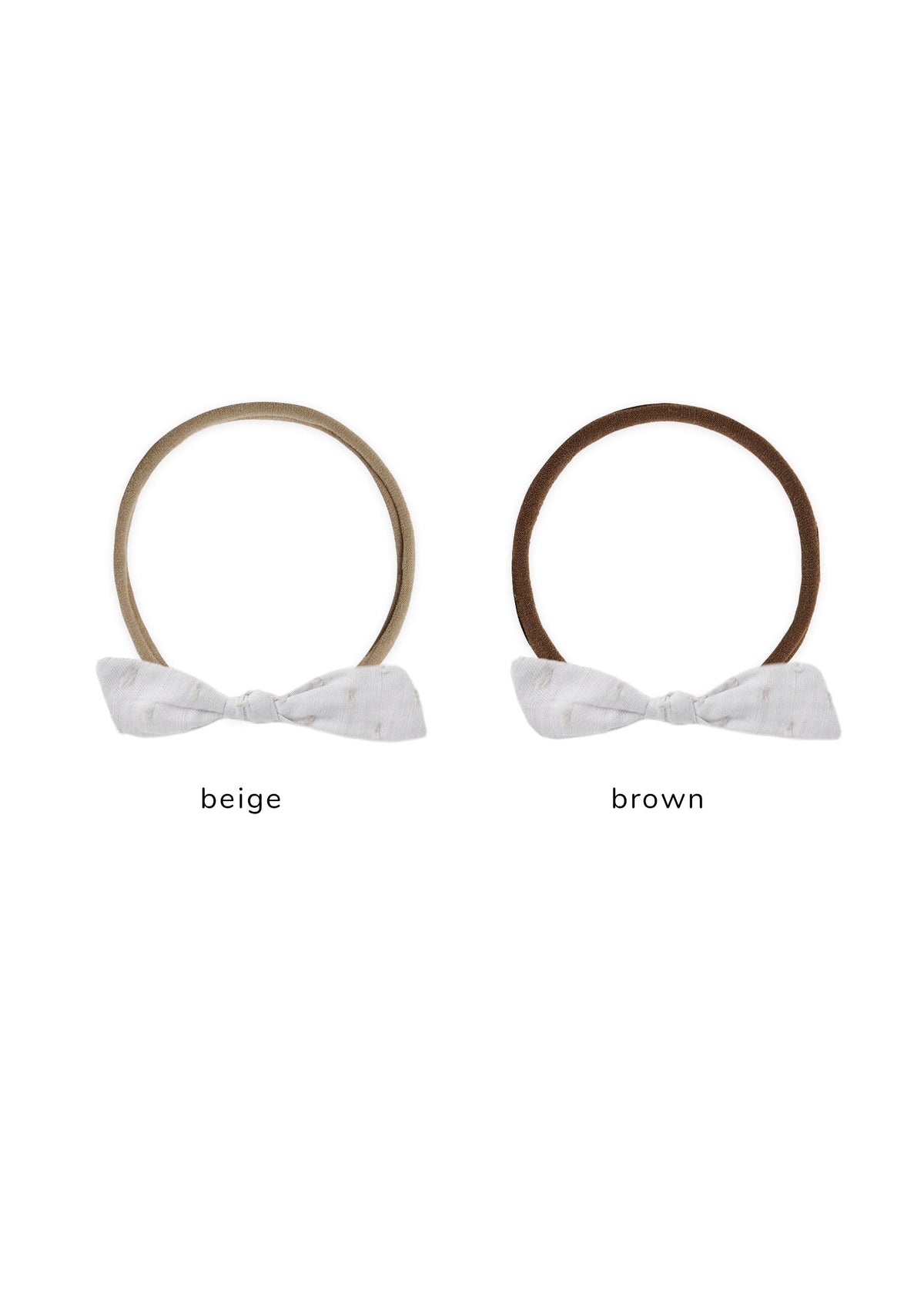 Two white headbands with bows, one beige and one brown, on a white background.