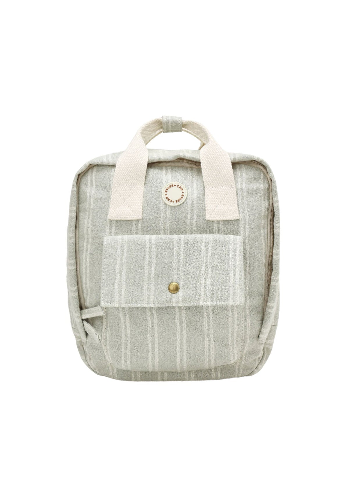 A small striped canvas backpack in a muted sage green and cream color, featuring cream-colored top handles and a front pocket with a gold snap button.