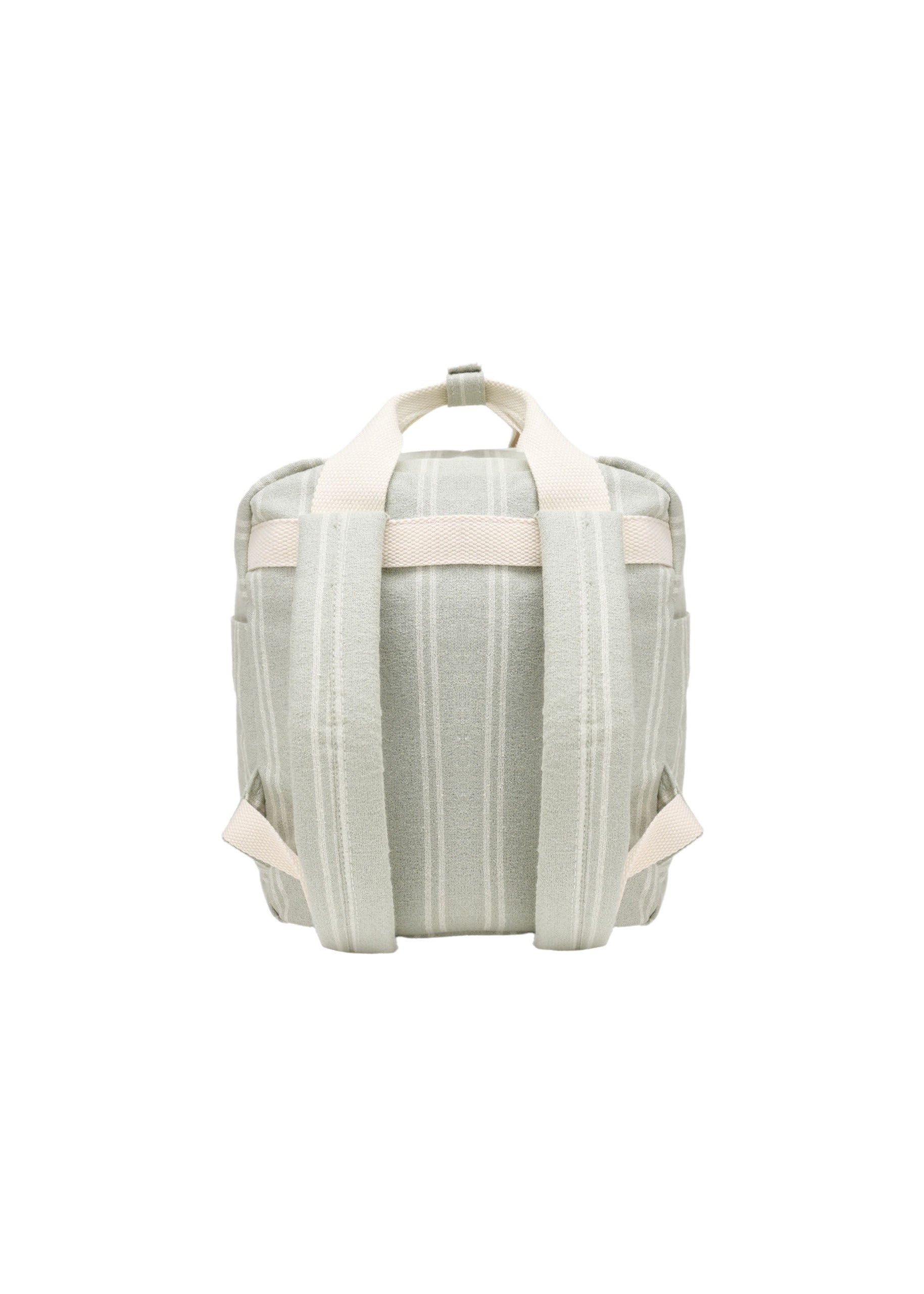 A light sage green striped backpack with cream-colored straps and handles, shown from the back against a solid white background.