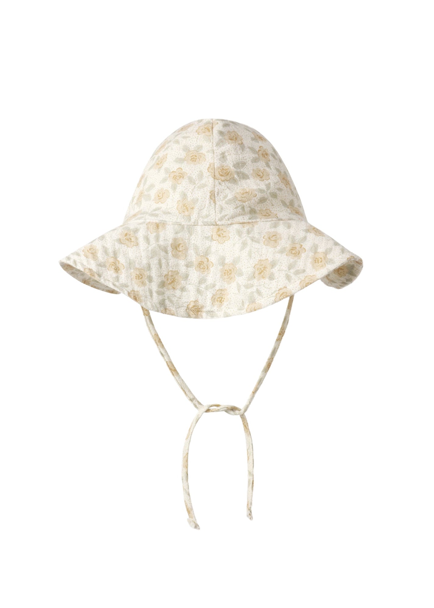 Floral patterned baby sun hat on a white background