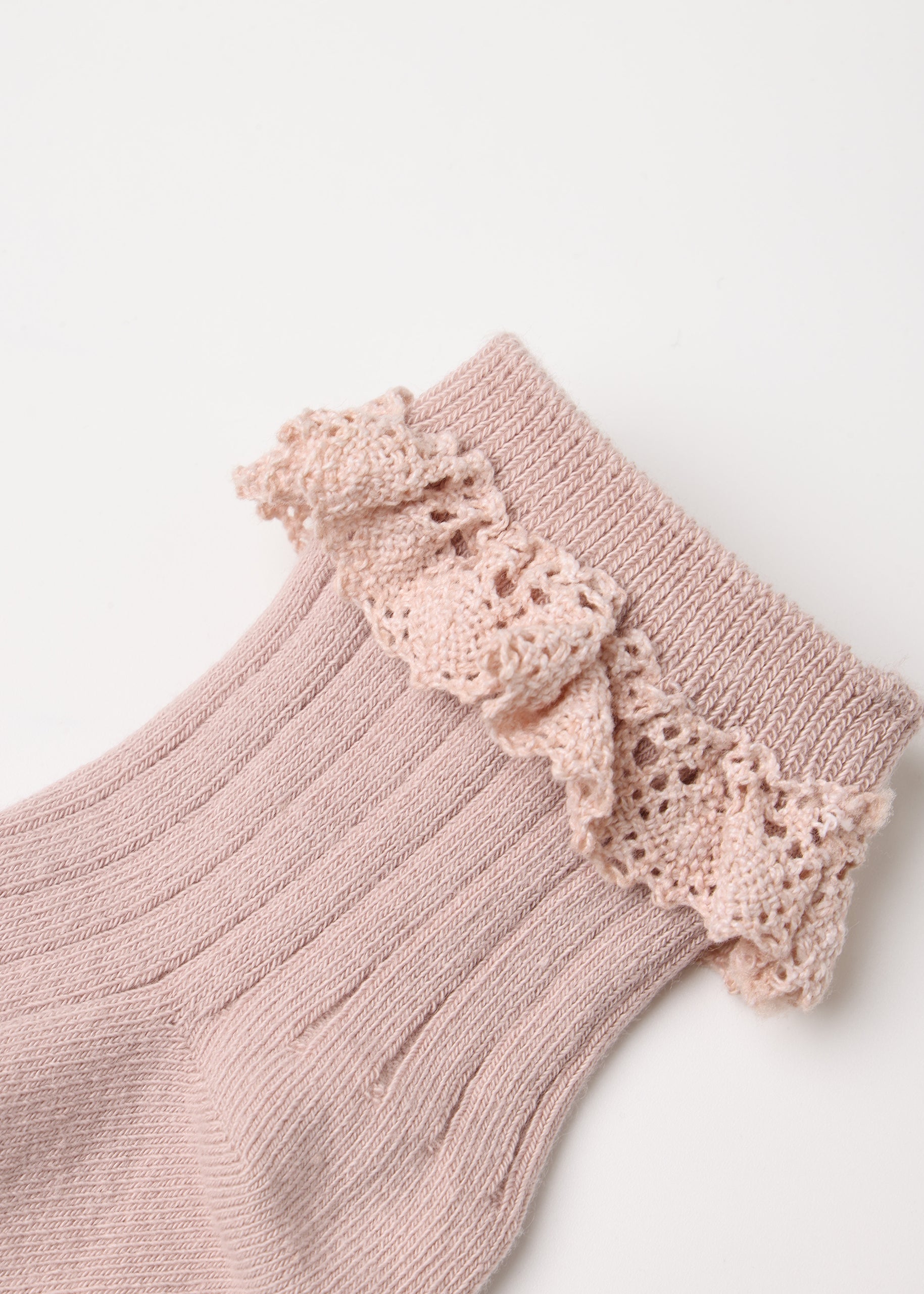 A close-up of a light pink ribbed knit sock with a matching pink crochet lace ruffle trim at the cuff, shown on a plain white background.