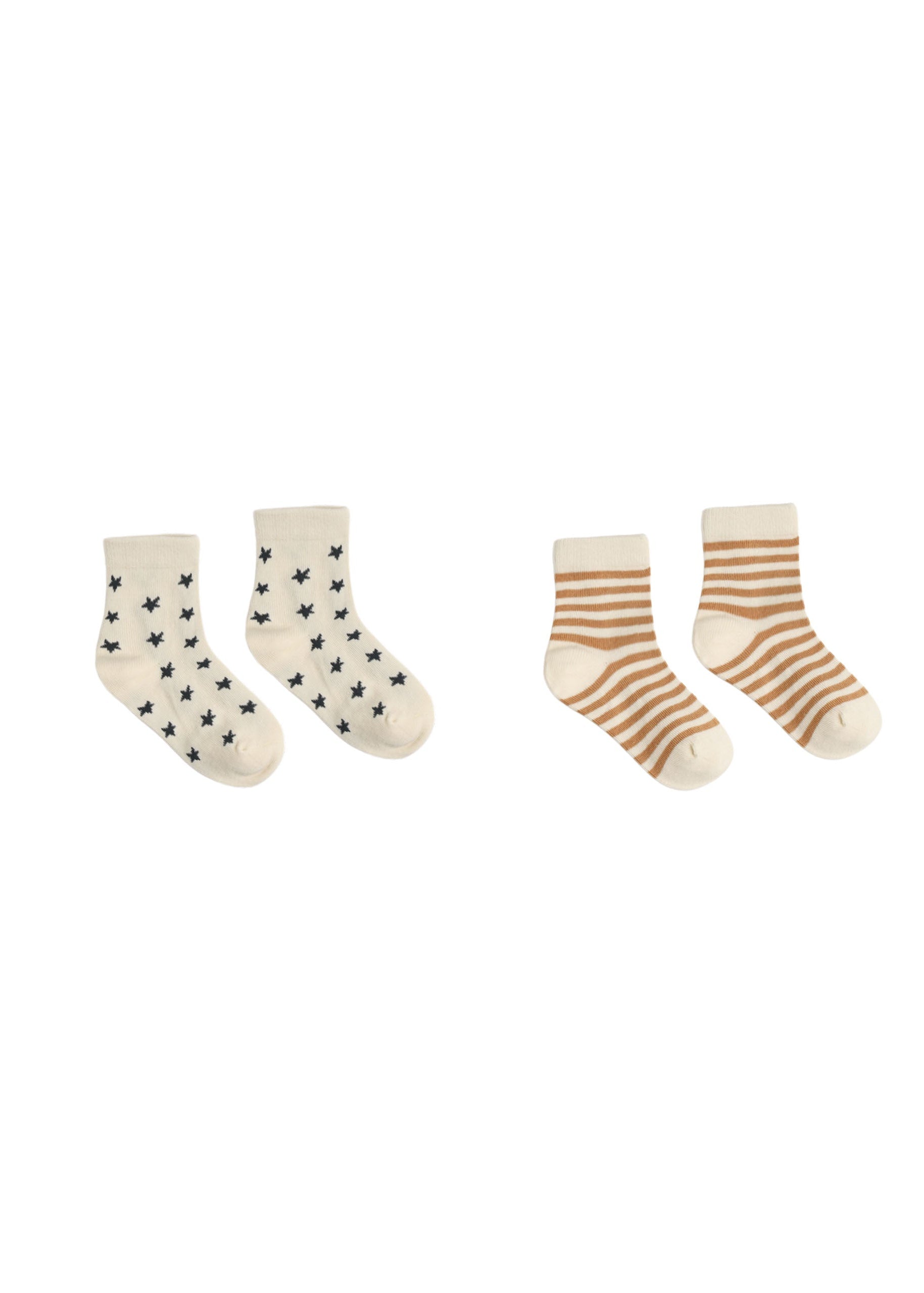 Two pairs of baby socks on a plain white background. The left pair is off-white with small black star patterns, and the right pair is cream with warm brown stripes.