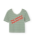 Green and white striped t-shirt with red text on a white background
