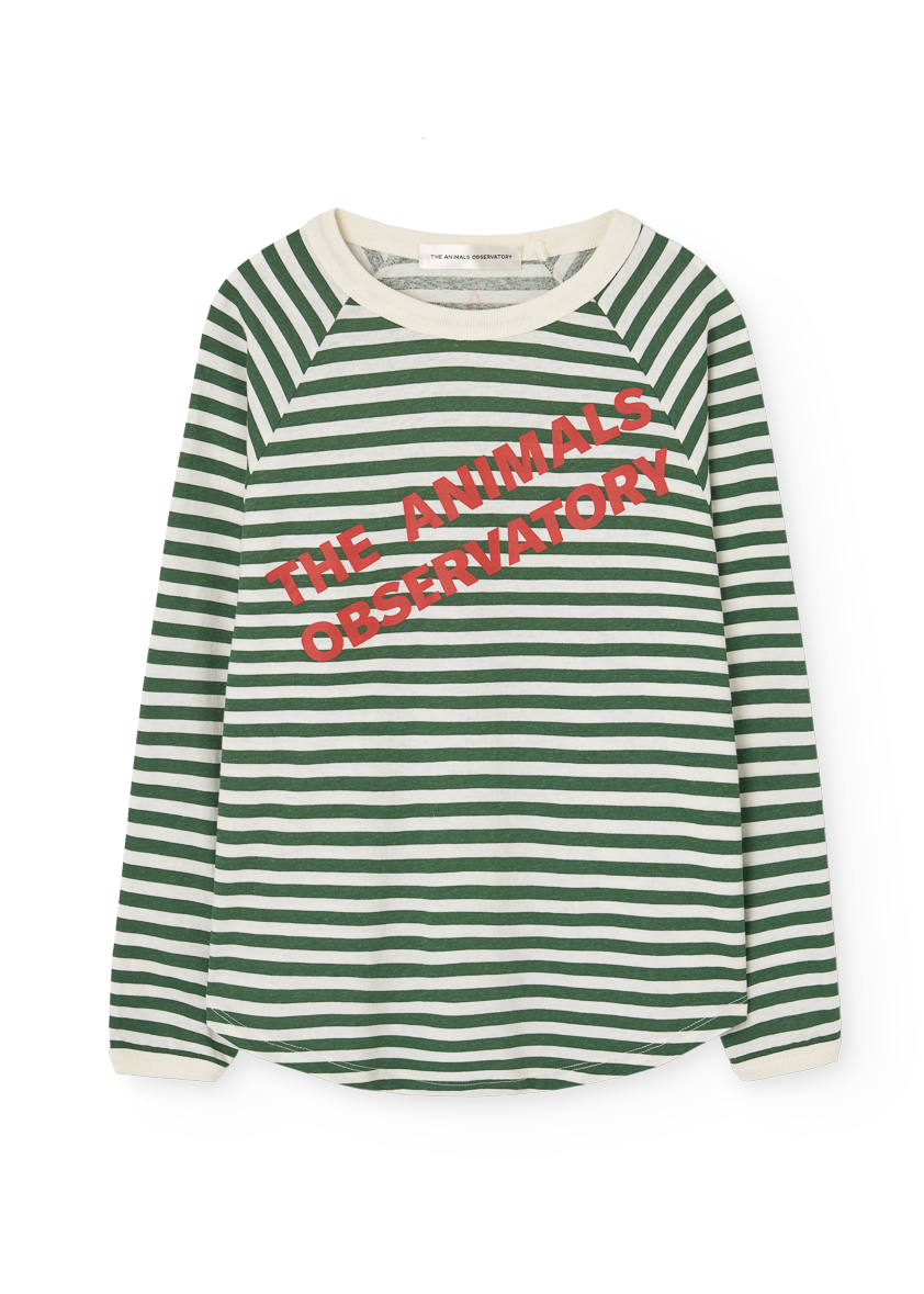 Green and white striped shirt with red text on a white background