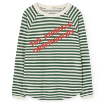 Green and white striped shirt with red text on a white background