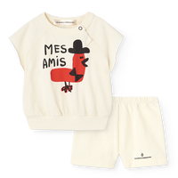 Children's outfit with a t-shirt and shorts on a white background
