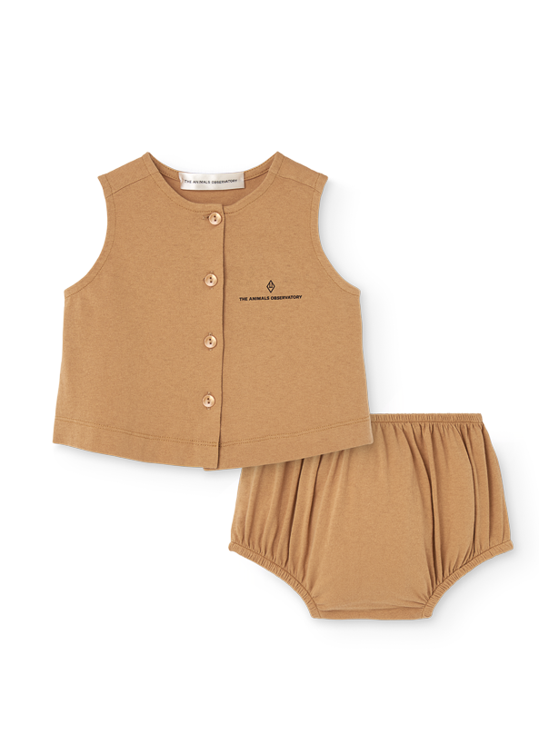 Brown sleeveless top and shorts set on a white background