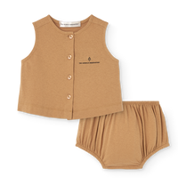 Brown sleeveless top and shorts set on a white background