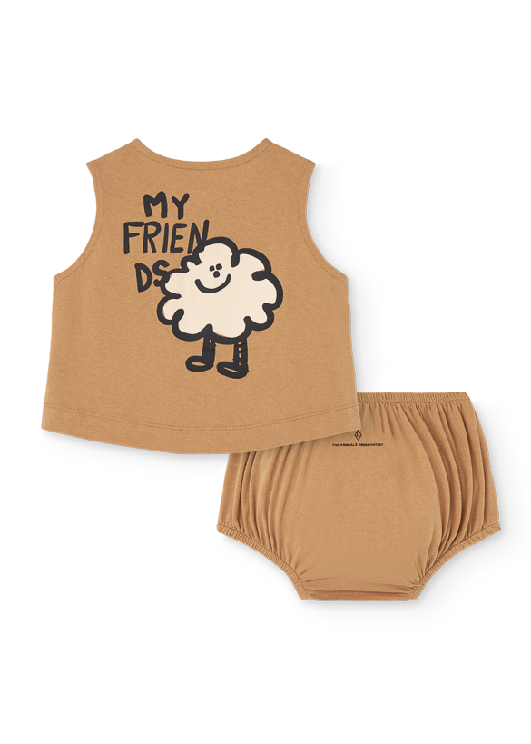 Children's sleeveless top and bloomers set with cloud design and text on a white background