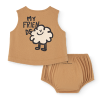 Children's sleeveless top and bloomers set with cloud design and text on a white background