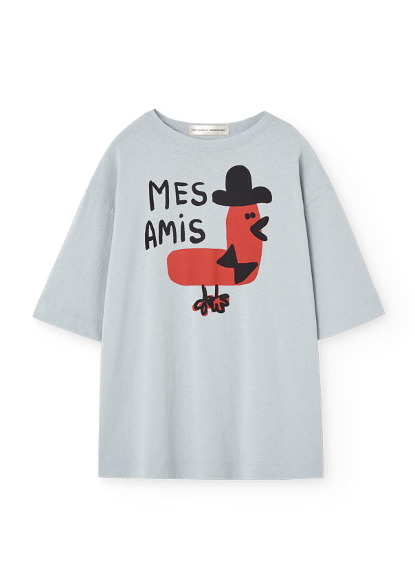 Gray t-shirt with a graphic design and text on a white background