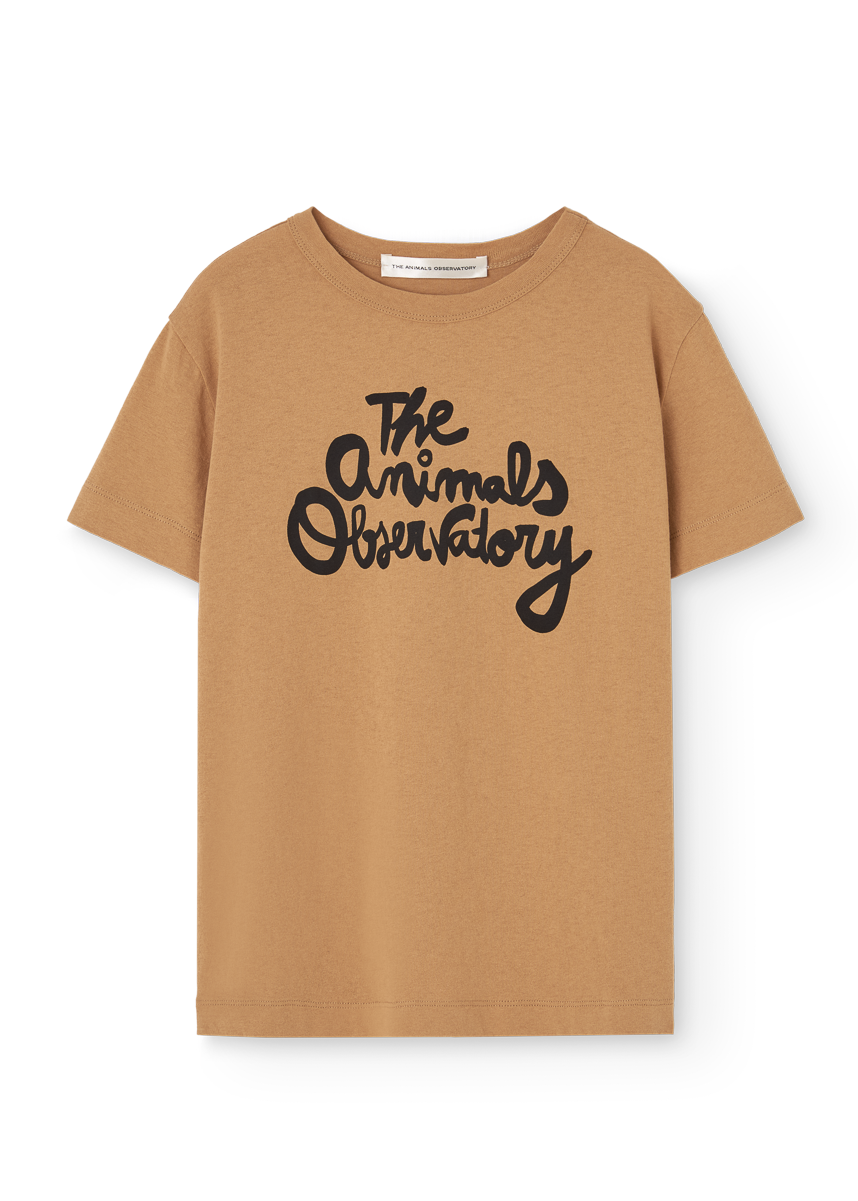 Brown t-shirt with 'The Animals Observatory' logo on a white background