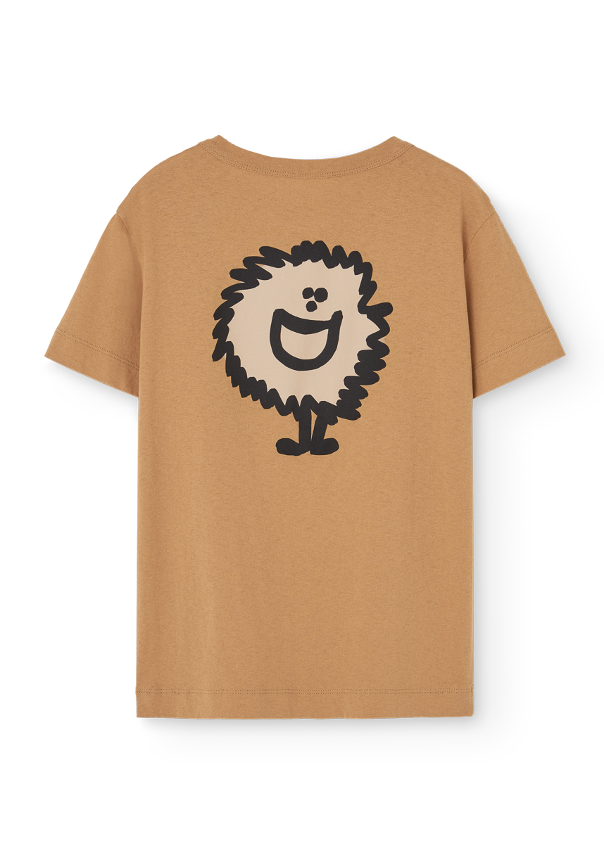 Brown t-shirt with a smiley hedgehog design on a white background