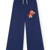 Navy blue sweatpants with a cartoon character on a white background