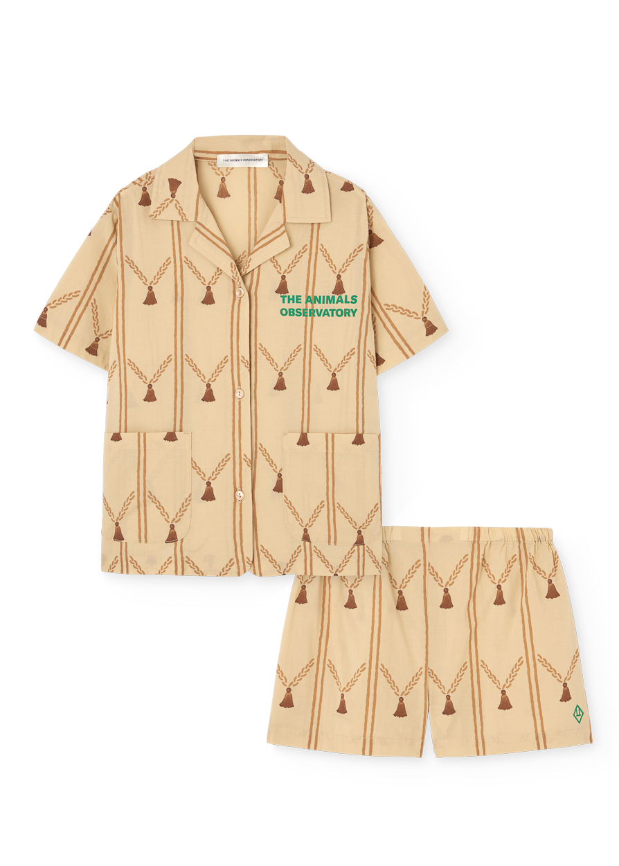 Beige patterned shirt and shorts set with 'The Animals Observatory' logo on a white background