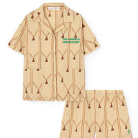Beige patterned shirt and shorts set with 'The Animals Observatory' logo on a white background