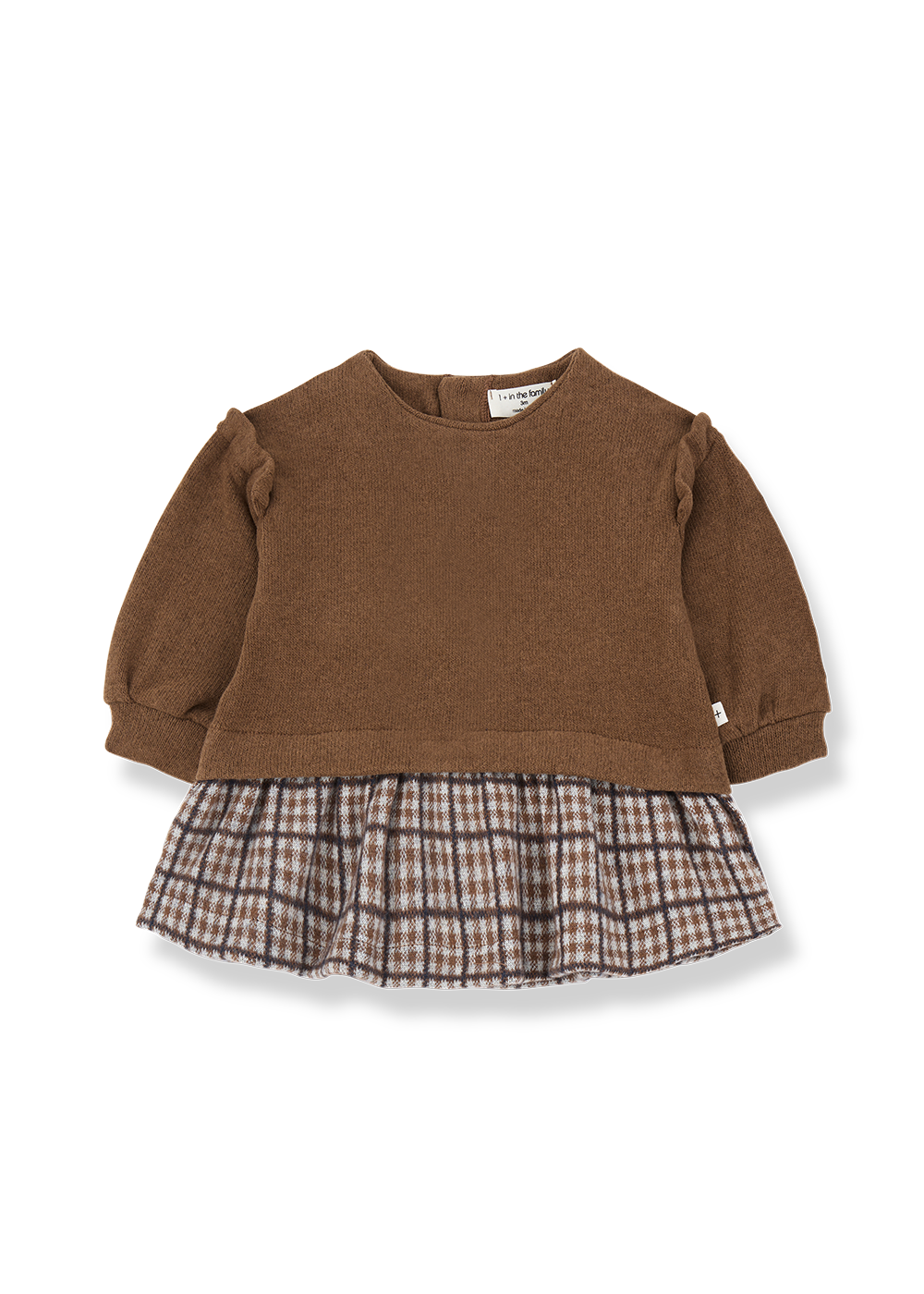 Brown sweater with plaid skirt on a white background