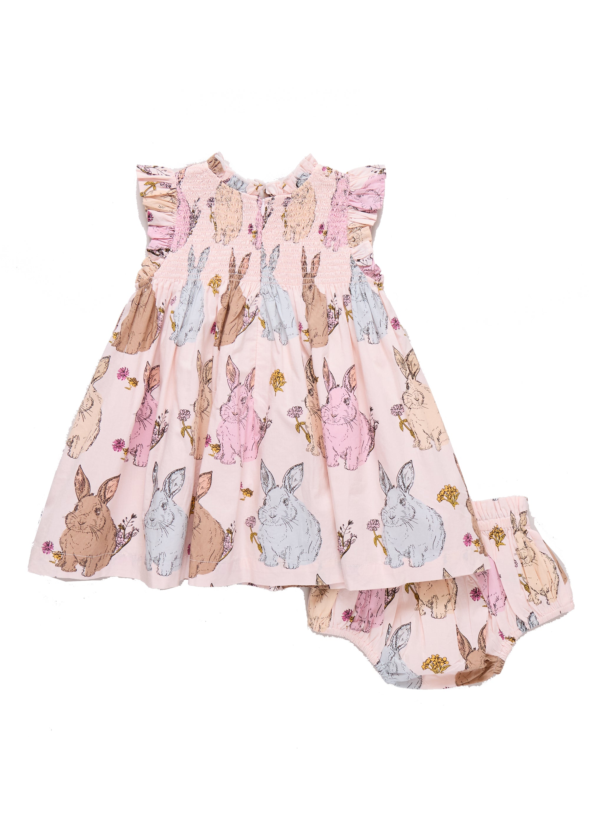 Children's dress with bunny print on a white background