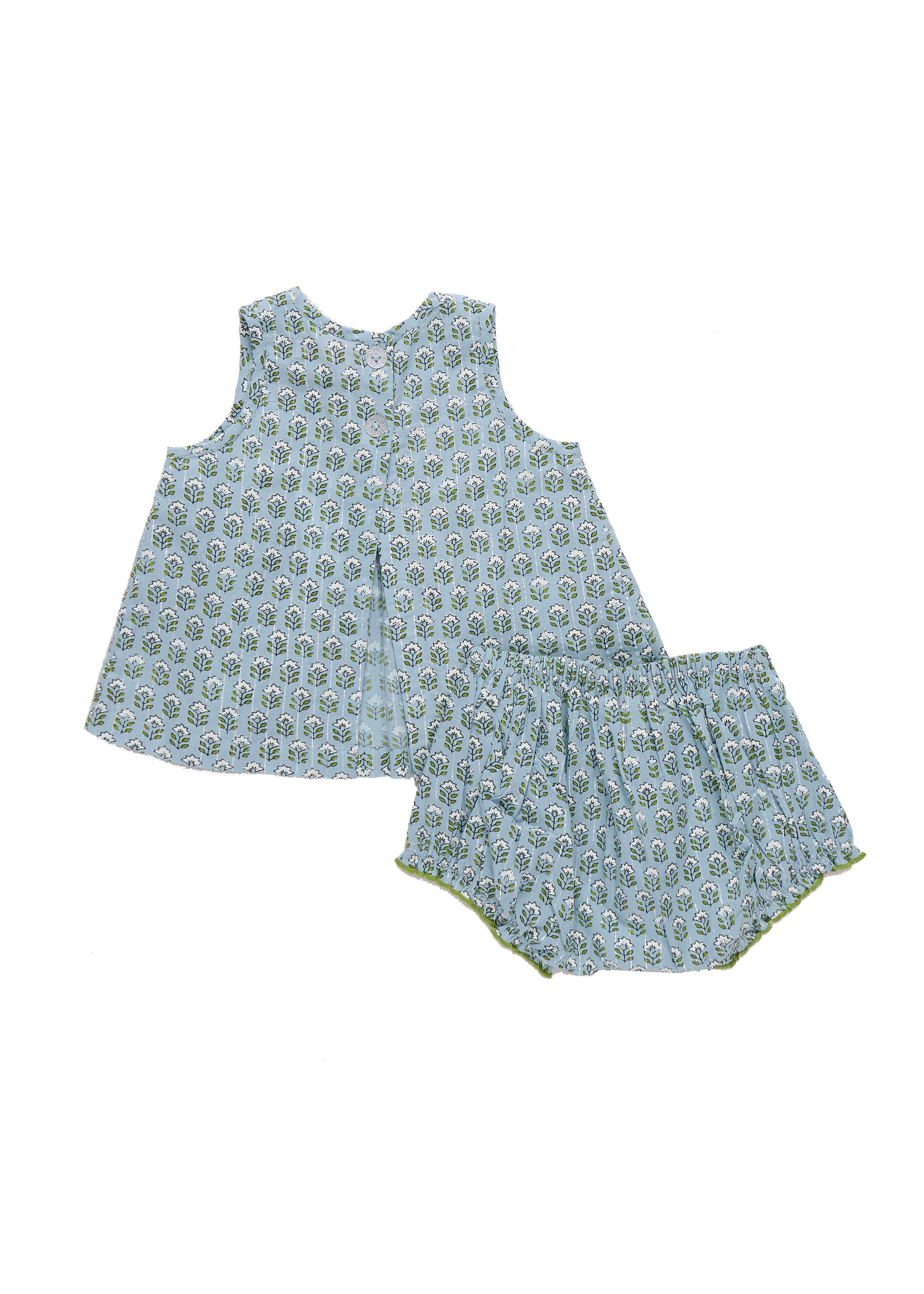 Children's sleeveless top and shorts set with a floral pattern on a white background