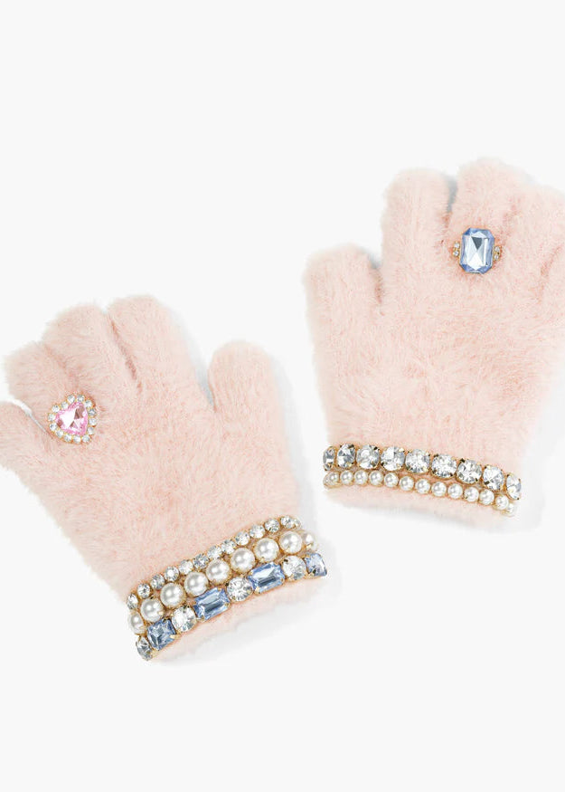 Pair of light pink gloves with decorative gemstones on a white background