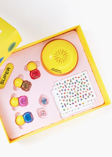 Colorful jewelry set with a yellow box on a white background