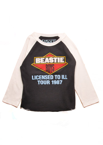 Black and ecru baseball shirt with Beastie Boys logo and text on a white background