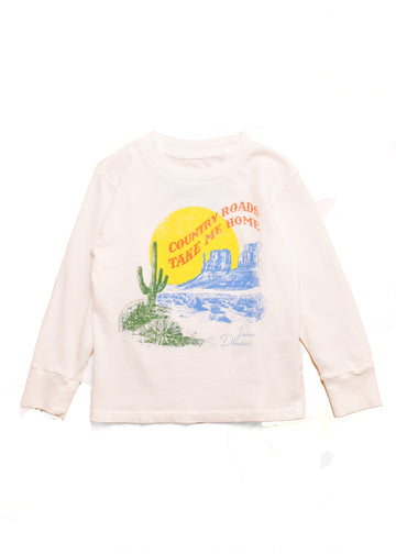 Ecru long sleeve shirt with a graphic design on the back featuring a desert scene and text.